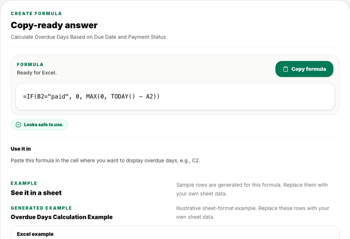 WorkbookWise Formula helper result screen showing a copy-ready Excel formula with explanation and workbook-style example.