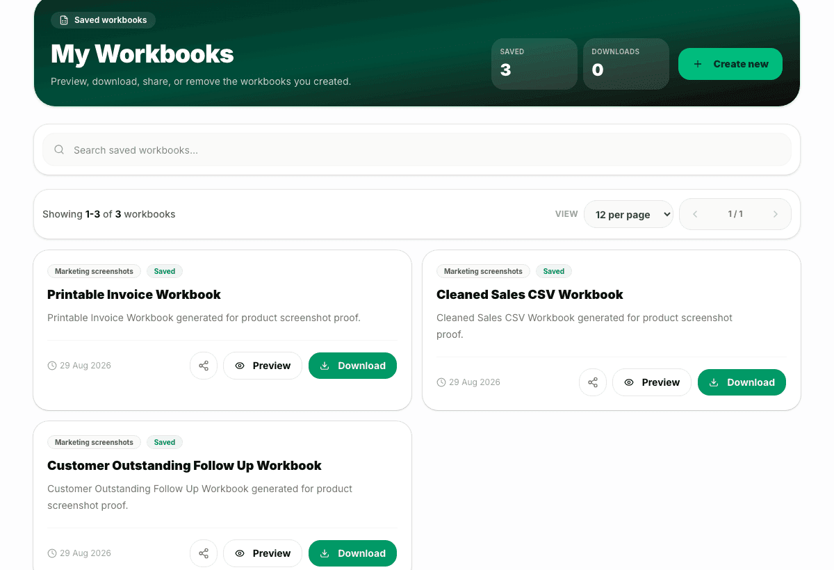 WorkbookWise My Workbooks app screen showing saved custom, cleaned CSV, and printable invoice workbooks.