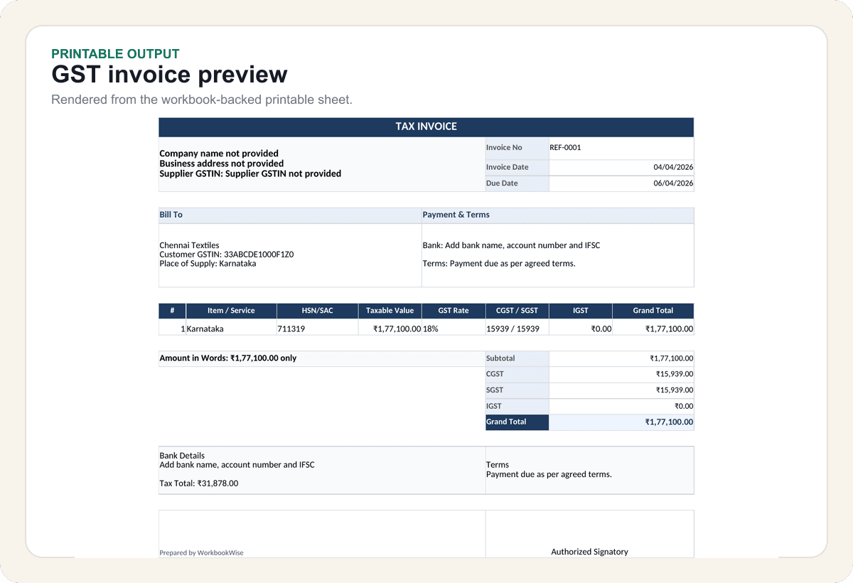 WorkbookWise Printable Docs proof showing a rendered GST invoice output from a printable sheet connected to workbook data.