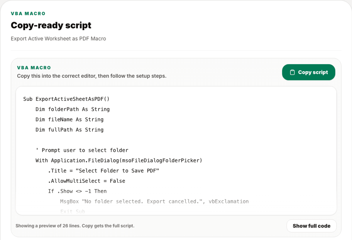 WorkbookWise Scripts result screen showing a copy-ready VBA macro with setup, safety, and change options.