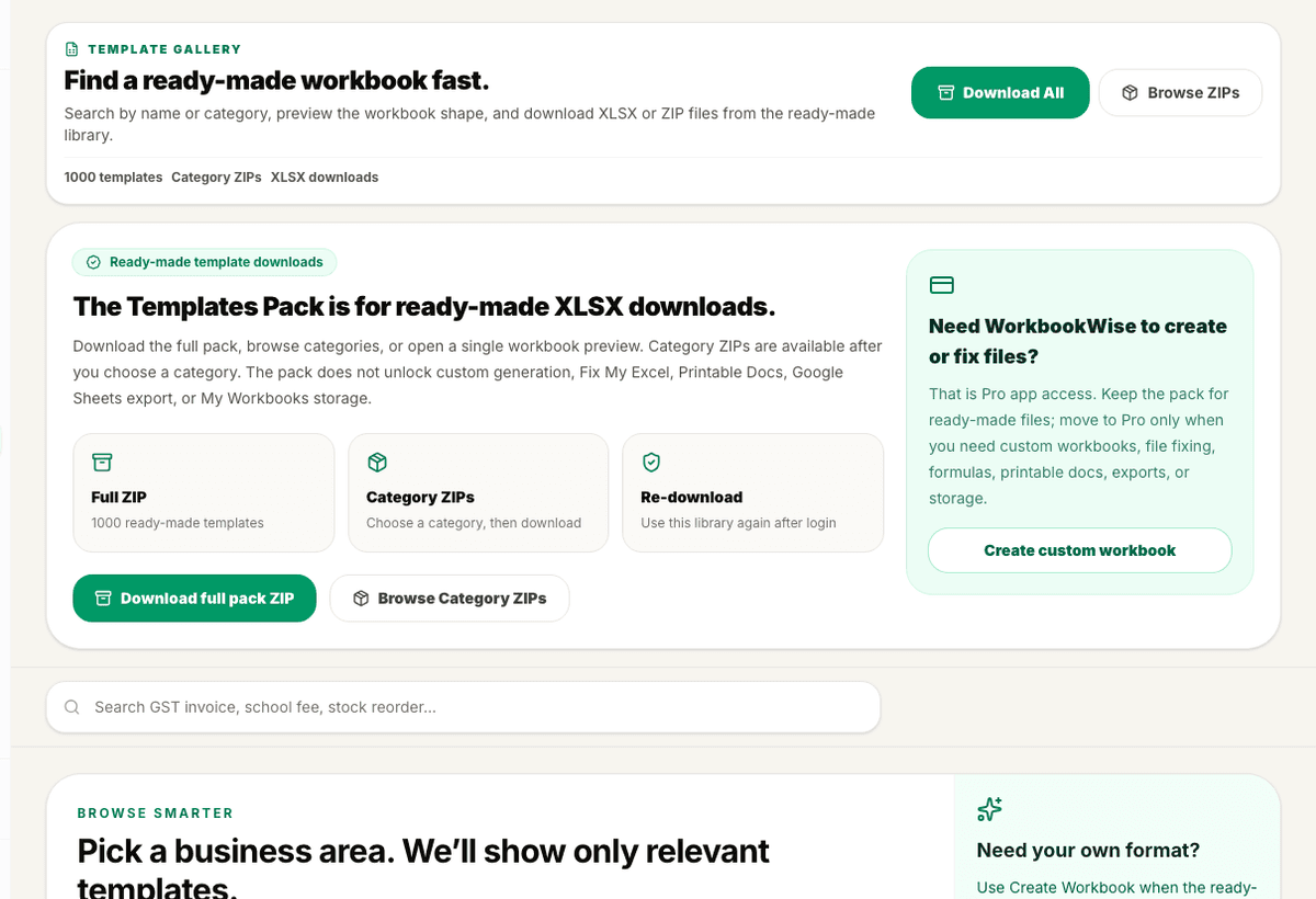 WorkbookWise Template Gallery screen showing searchable ready-made template packs, category ZIPs, and download actions.