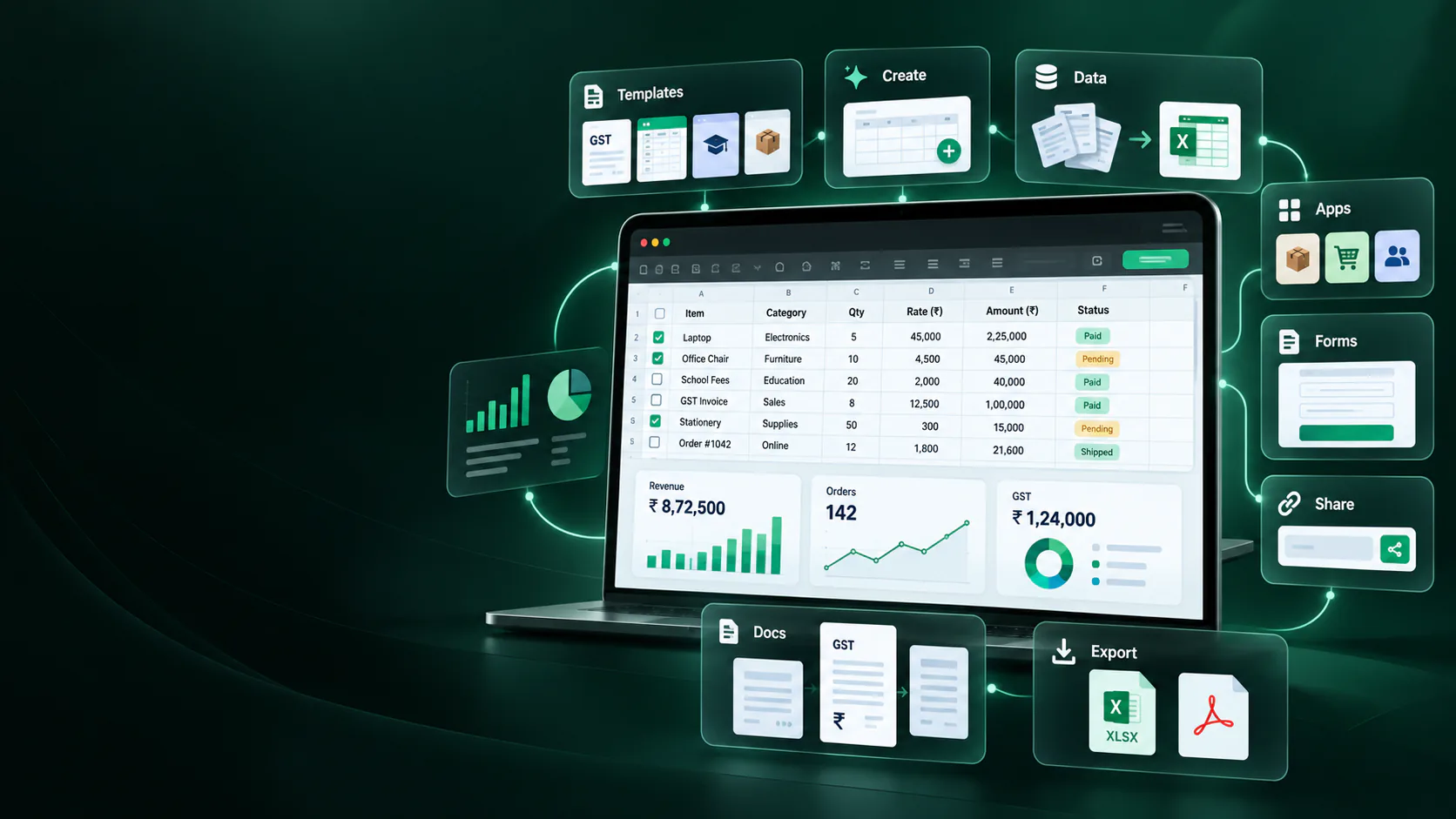 WorkbookWise product suite showing Indian Excel templates, data capture, workbook preview, apps, forms and exports